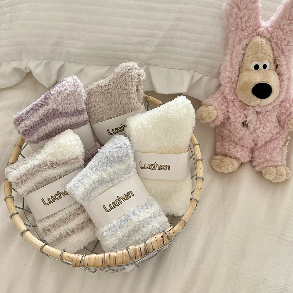 Striped Socks Soft Women Fluffy Socks Thick Coral Velvet Winter Warm Home Indoor Floor Terry Towel Fuzzy Sock Woman Calcetines