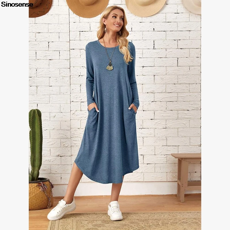 Abito lungo da donna a maniche lunghe autunnale Abito t-shirt allentato casual con tasca laterale Y2K Abito lungo da ufficio per vacanze quotidiane con data di strada