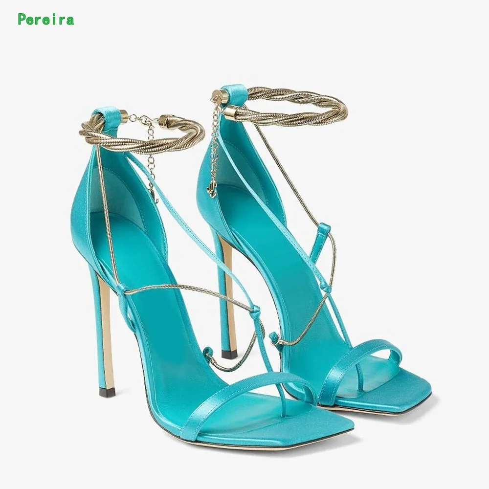 

Green Chain Satin Sandals 2024 Women's Summer New Arrival Solid Thin High Heel Square Toe Ankle Strap Fashion Sexy Party Shoes