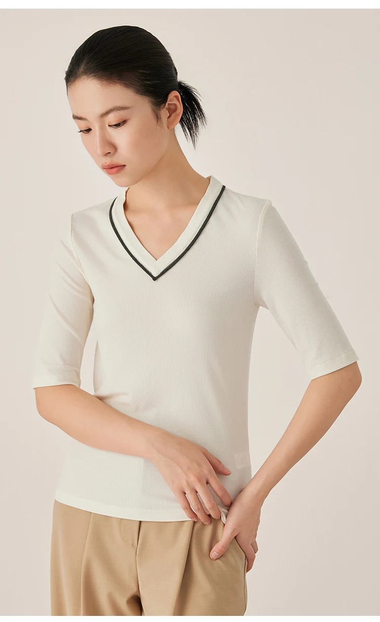 KL7523408 Designer-Stil Damen V-Ausschnitt Strickware Weiche Wollmischung Oberteil Slim Fit Geripptes Kurzarm-T-Shirt – Detail 9