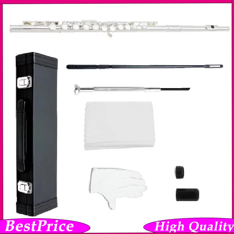 Professional 16-Hole Silver Flute Copper-l Silver Plated Flute Musical Instruments With Case and Accessories