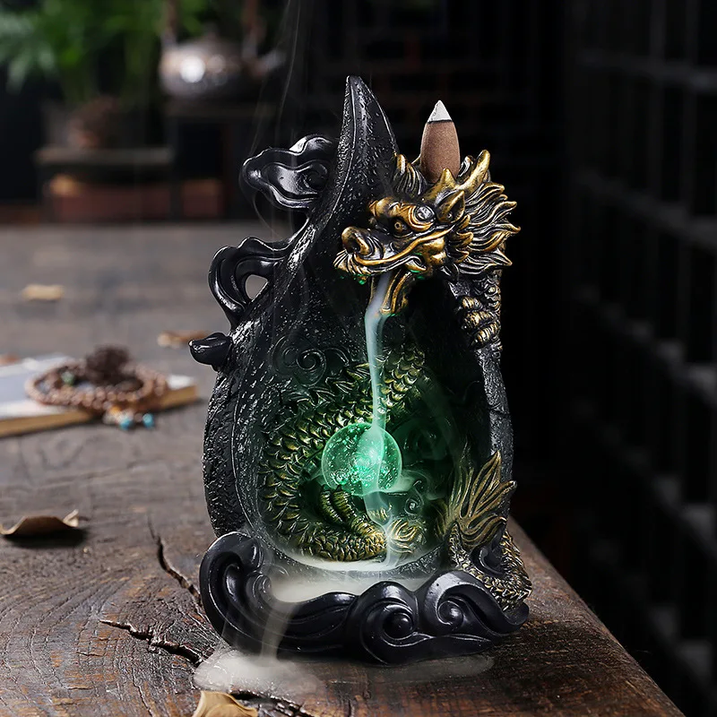 LED Dragon Backflow Incense Holder Waterfall Smoke Censer +20Backflow Cones Aromatherapy Ornament