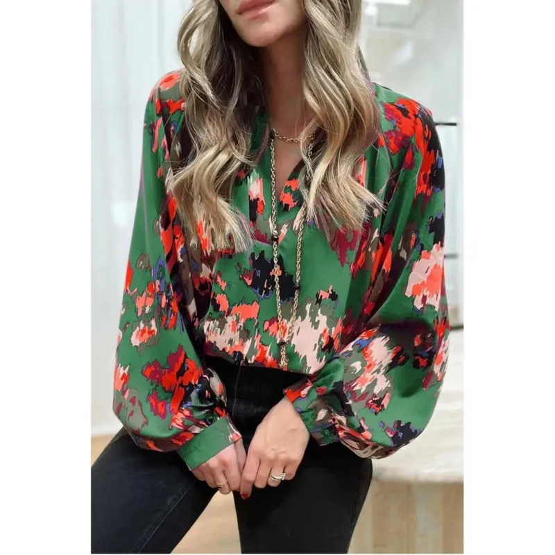 

Ladies Lantern Long Sleeve Shirt New Abstract Print V-neck Pullover Tops Casual Loose Commuting Fashion T-shirt Streetwear Women