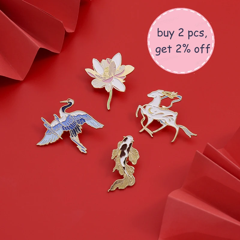 Chinese Retro White Deer Carp Crane Lotus Metal Enamel Brooch Creative Good Luck Longevity Badge Trendy Charm Jewelry Gift