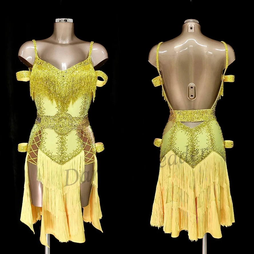 Latin Dance Dress High-end Custom Yellow Diamond Suspender Tassel Skirt Samba Tango Women's Stage Professional Clothing