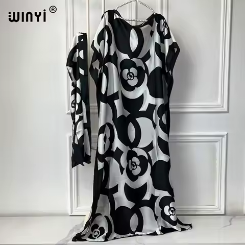 WINYI african dress with belt woman elegant abaya dubai luxury muslim dress Crew Neck print Kaftan Maxi Length evening dress