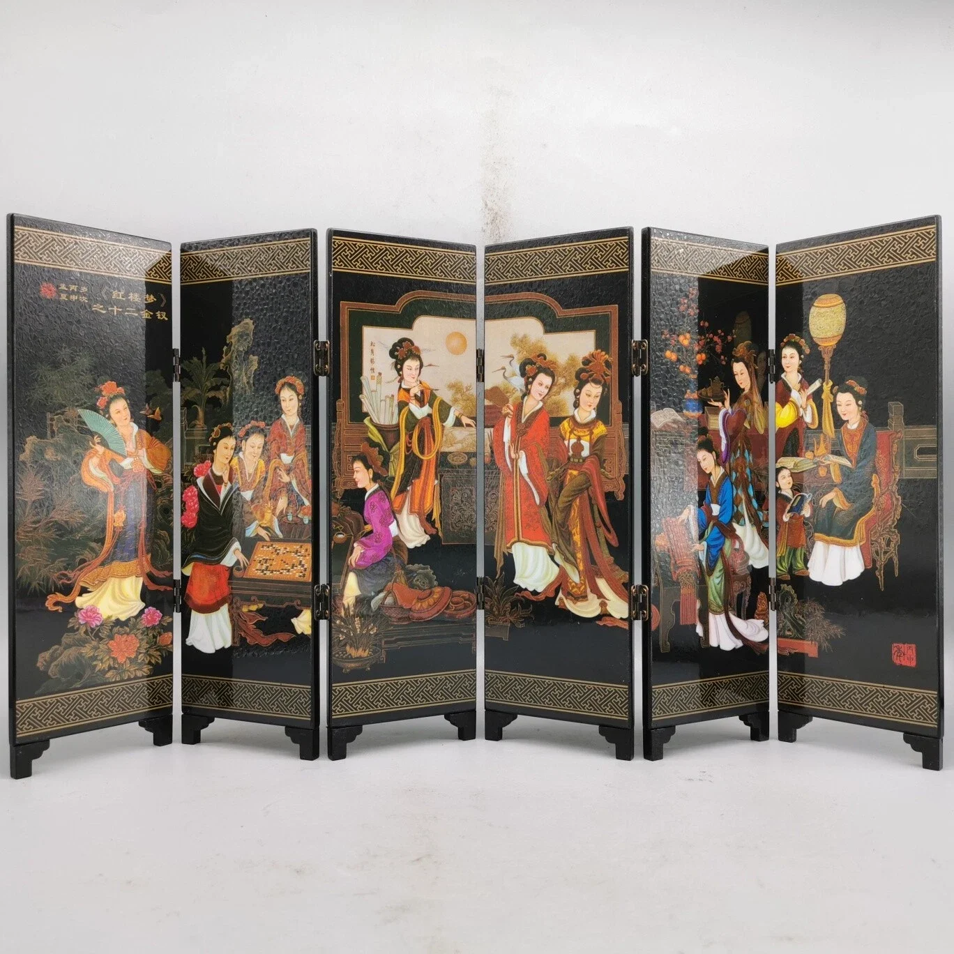 Noble Table Decor Lacquer Folding Screen Paint 12 Women in ADream of Red Mansion