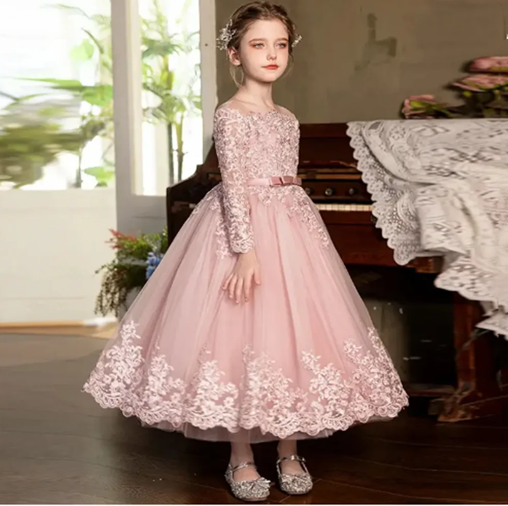 

Customized Pink Flower Girl Dresses For Wedding Appliques Full Sleeves Luxury Princess Birthday Party First Communion Ball Gown