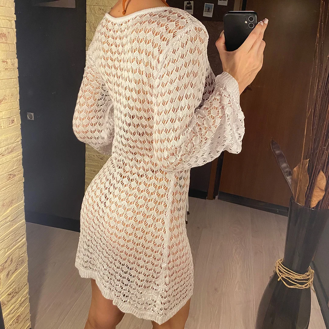 S - XL Langarm-Tunika mit Ausschnitten, gehäkelt, Strick, Strandkleid, Strandmode, Damen V6507 – Detail 7