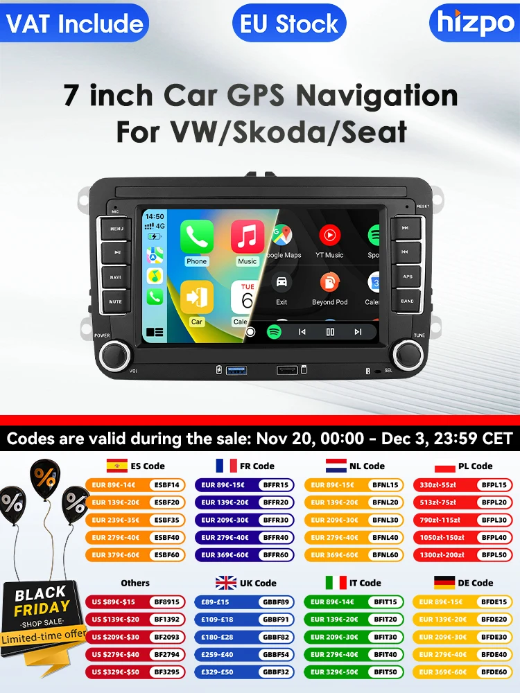 Hizpo 2 Din 7 Zoll Carplay 4G AI System Android 14 Autoradio für Volkswagen VW Passat B6 B7 T5 Tiguan Touran GOLF POLO Autoradio