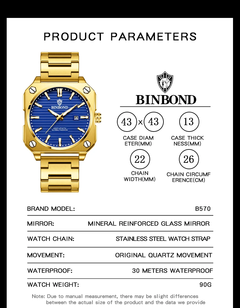 BINBOND 570 مربع ثلاثي الأبعاد موضة ساعة كوارتز رجالية مقاوم للماء مضيئة التقويم رجال الأعمال ساعة كوارتز 2025