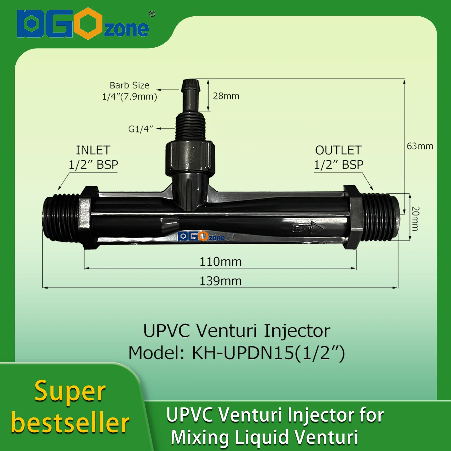 UPVC Venturi-Injektor zum Mischen von Flüssigkeitsventuri mit Ventil BSP-Gewinde 1/2" 3/4" 1/4" 1" DGOzone