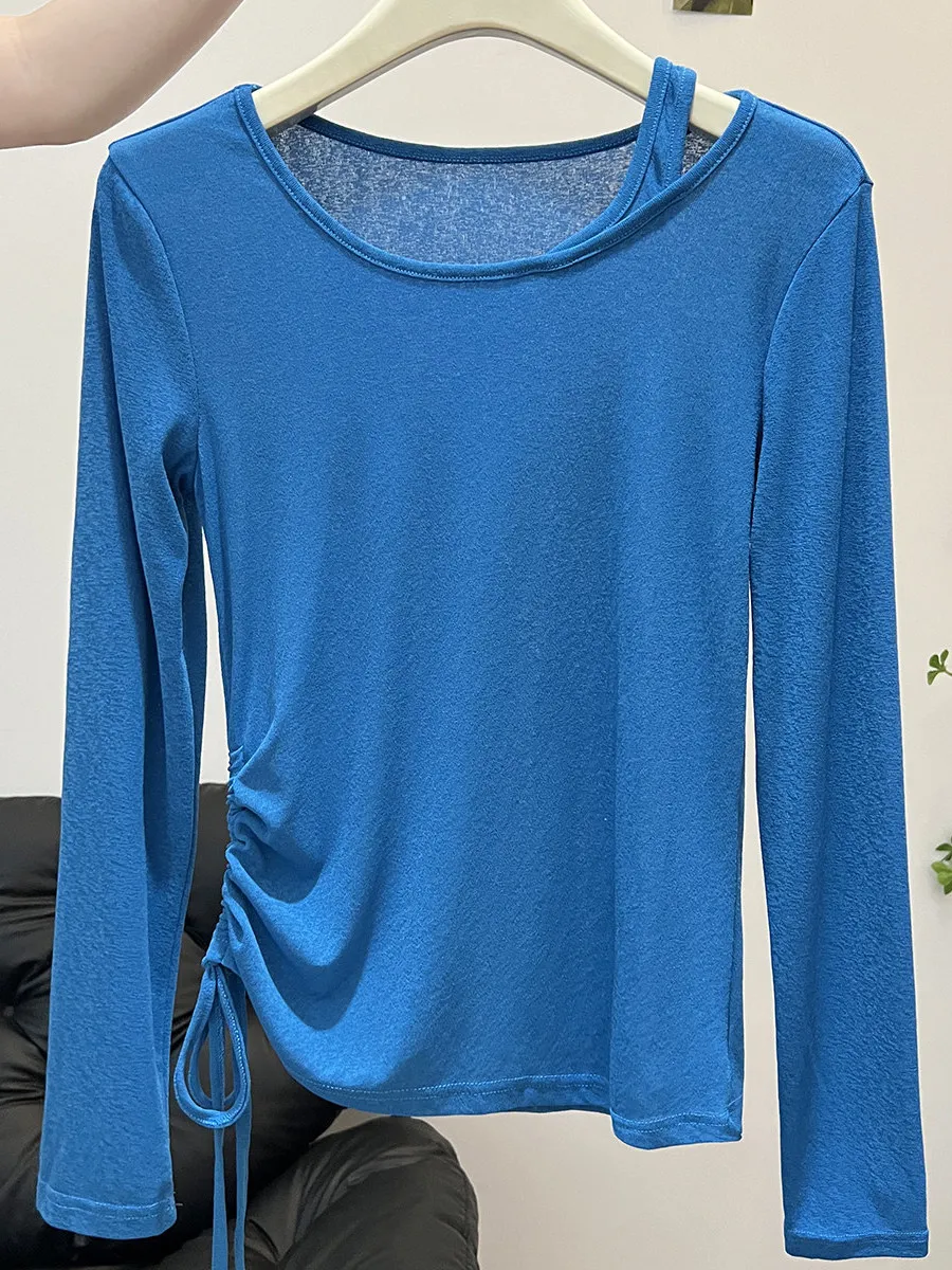 Shoulder Bared Long Sleeve Fake Two-Piece T-Shirt Women's High Waist Slimming Drawstring Sun Protection Cover up Korean Style...