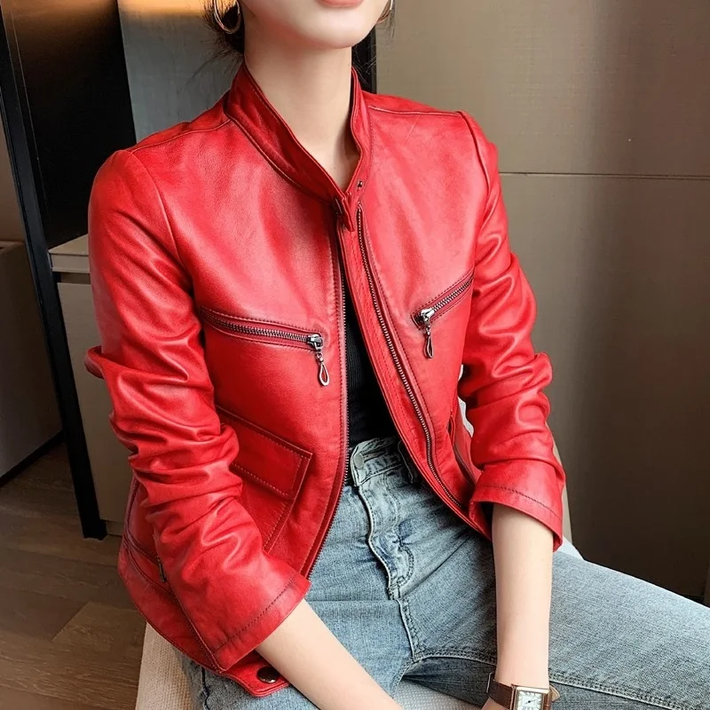 2023  New Fashion Women Red Sheepskin Genuine Leather Jacket Short Stand Collar Slim Fit Coat Pockets Moto Biker Jackets Punk Ou