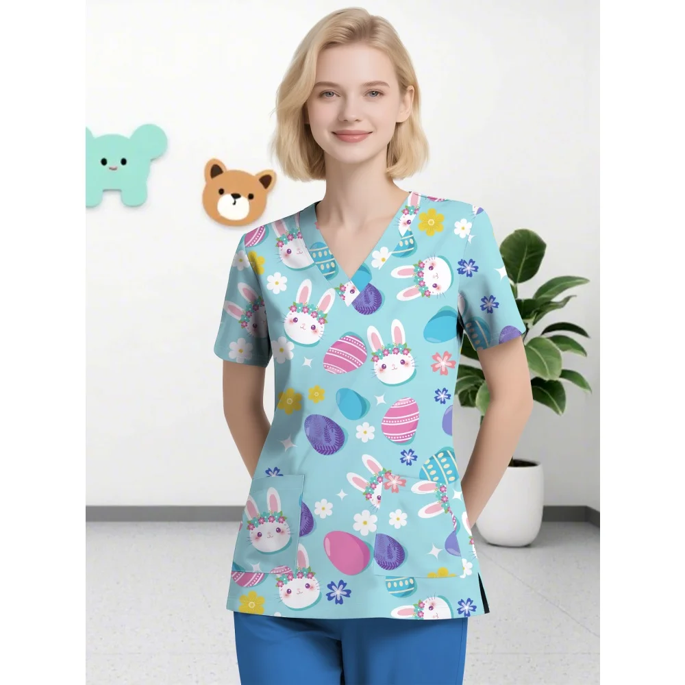 イースター女性用ソフトで通気性のあるVネックスクラブトップ、バニー柄半袖、看護師ファッション、快適な獣医臨床ユニフォーム女性用