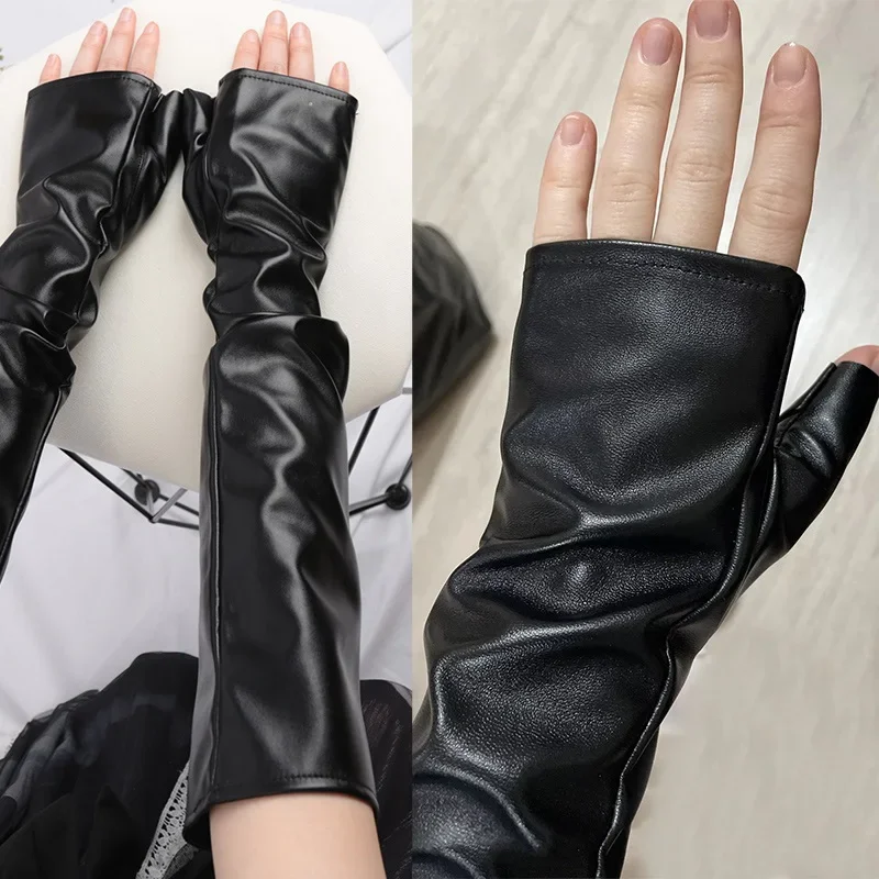 Frauen Lange Fingerlose Handschuhe Sexy PU Leder Weibliche Hip Pop Fäustlinge Ellenbogen Handschuh Arm Wärmer Schwarz Punk Motorrad Handschuhe