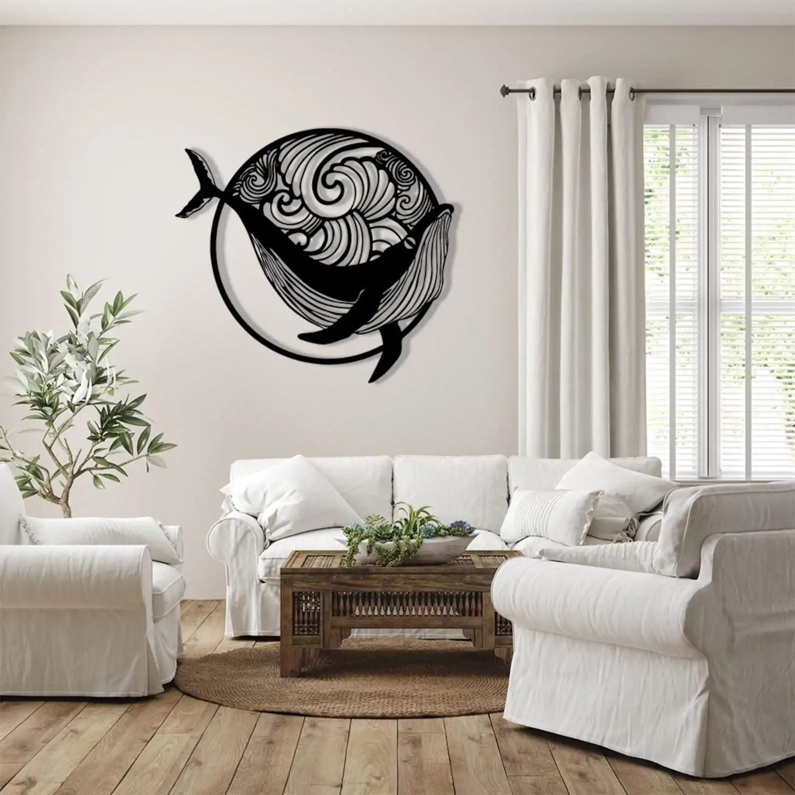 CIFbuy Black Whale Metal Wall Art Nautical Ocean Themed Hanging Decor Modern Boho Coastal Living Room Wall Hanging