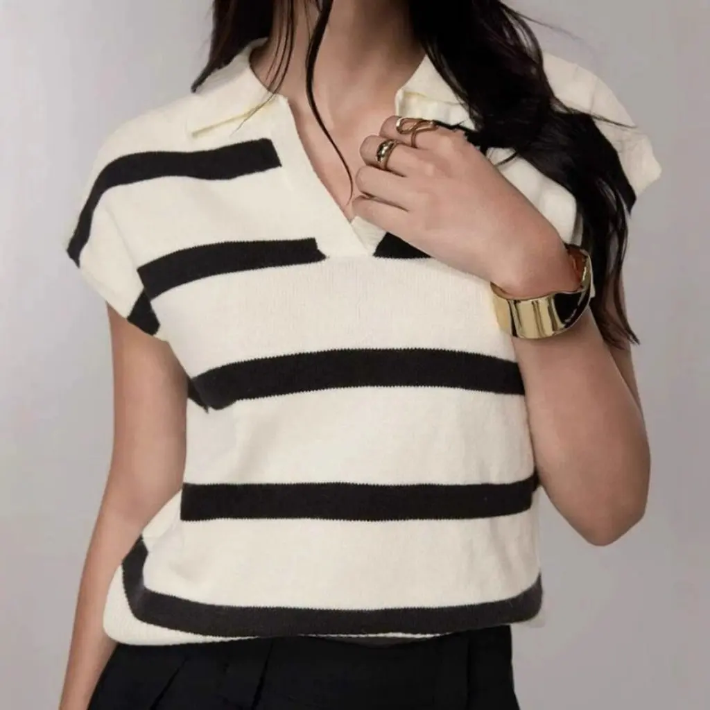 

Women's Polo Collar Pullover Sweater Classic Striped Sleeveless Vest Versatile Top European American Style