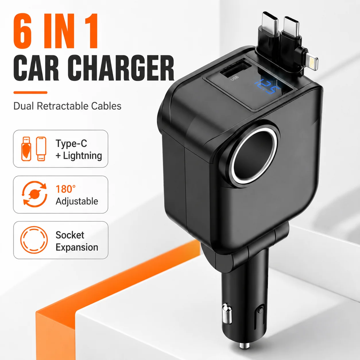 Retractable Car Charger Dual Type C Lightning Cables 60W Socket Expansion LED Display 180 Degree Adjustable 12V 24V