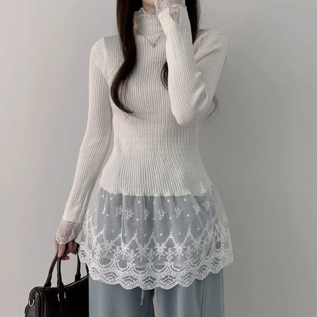 

Шикарный осенне-зимний вязаный свитер с кружевным подолом, милый молодежный утягивающий базовый слой, прямой крой, корейский свитер для поездок на работу и ветер