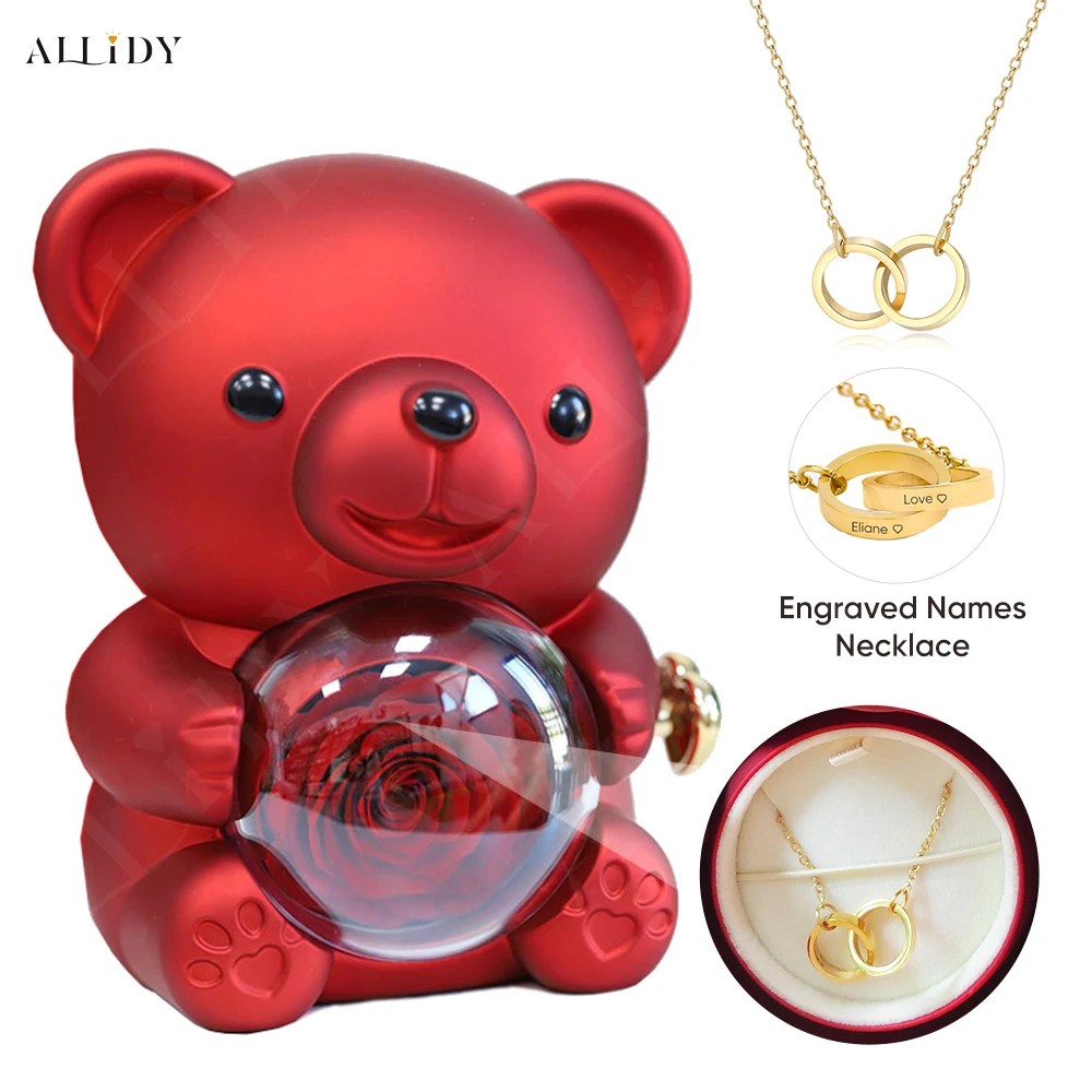 

School Gift Send Son Daughter Lovely Red Eternal Rose Teddy Bear with Custom Carved Words Heart Necklace Jewelry Gift Set