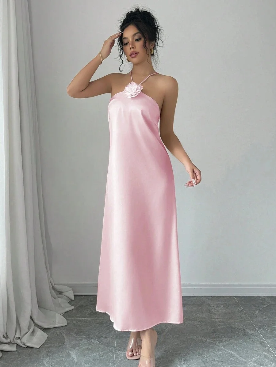 Damen 3D-Blumen Neckholder Rückenfreies Satin-Maxikleid Elegantes Rosa Slip-Kleid Langes Kleid für Hochzeitsgäste Abendparty Urlaub Midi-Kleid – Detail 11
