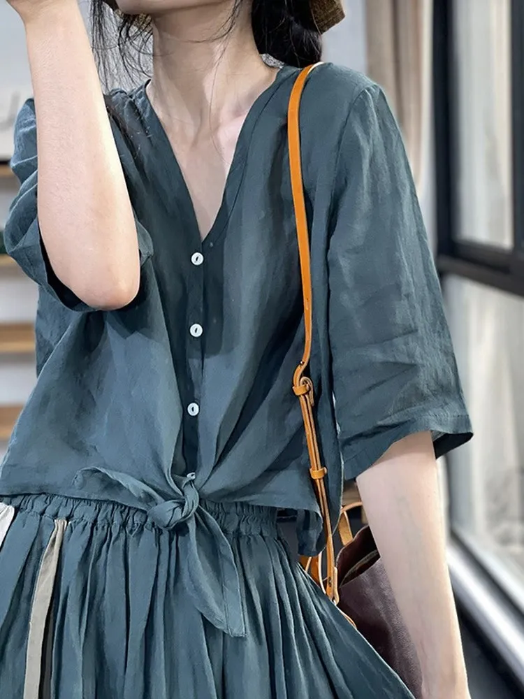 

Lightweight Flax Sun Protection Open Cardigan Women Summer Loose Casual irt Pure Color Commute Sle V-ne Regular Length