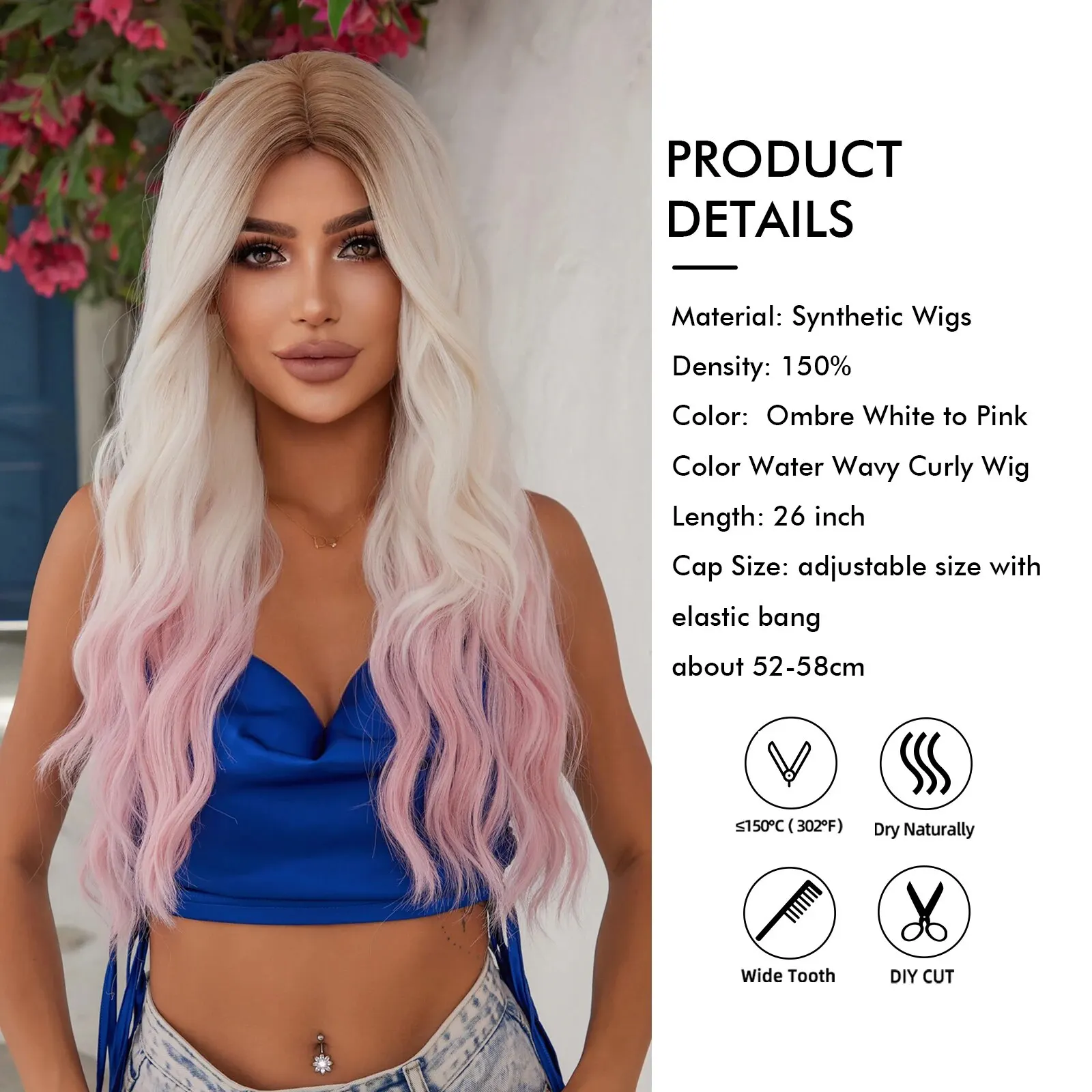 Eleganckie peruki syntetyczne Ombre White to Pink Color Water Wavy Curly Wig dla dziewcząt i kobiet Naturalne włosy Codzienne użytkowanie Cosplay