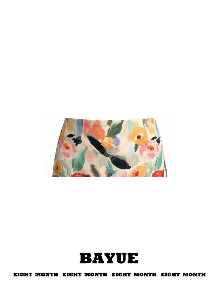  Oil Painting Flower Print Satin Half Skirt High Waist Slimming A-Line Anti-Light Short Skirt for Young Women