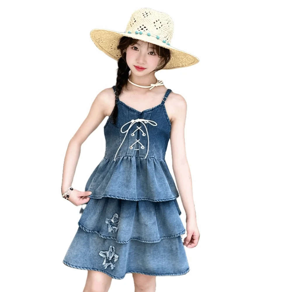 

Sleeveless Children Denim Strap Skirt Princess Suspenders Girls Cowboy Dress Casual Holiday Ruffled Gradient Puff Dress