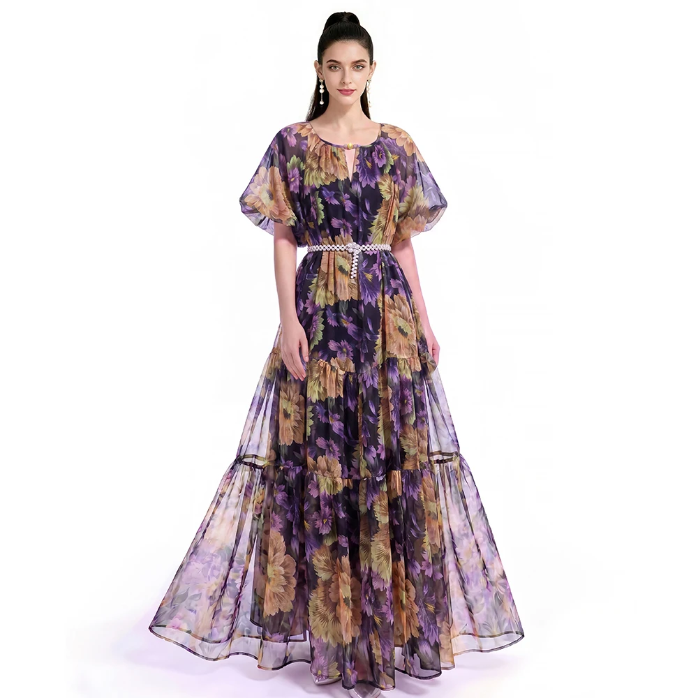 

Bohemian Purple Floral Chiffon Floor-Length Dress, Women's Loose Tiered Ruffle Maxi Gown with Waist Belt for Evening Event