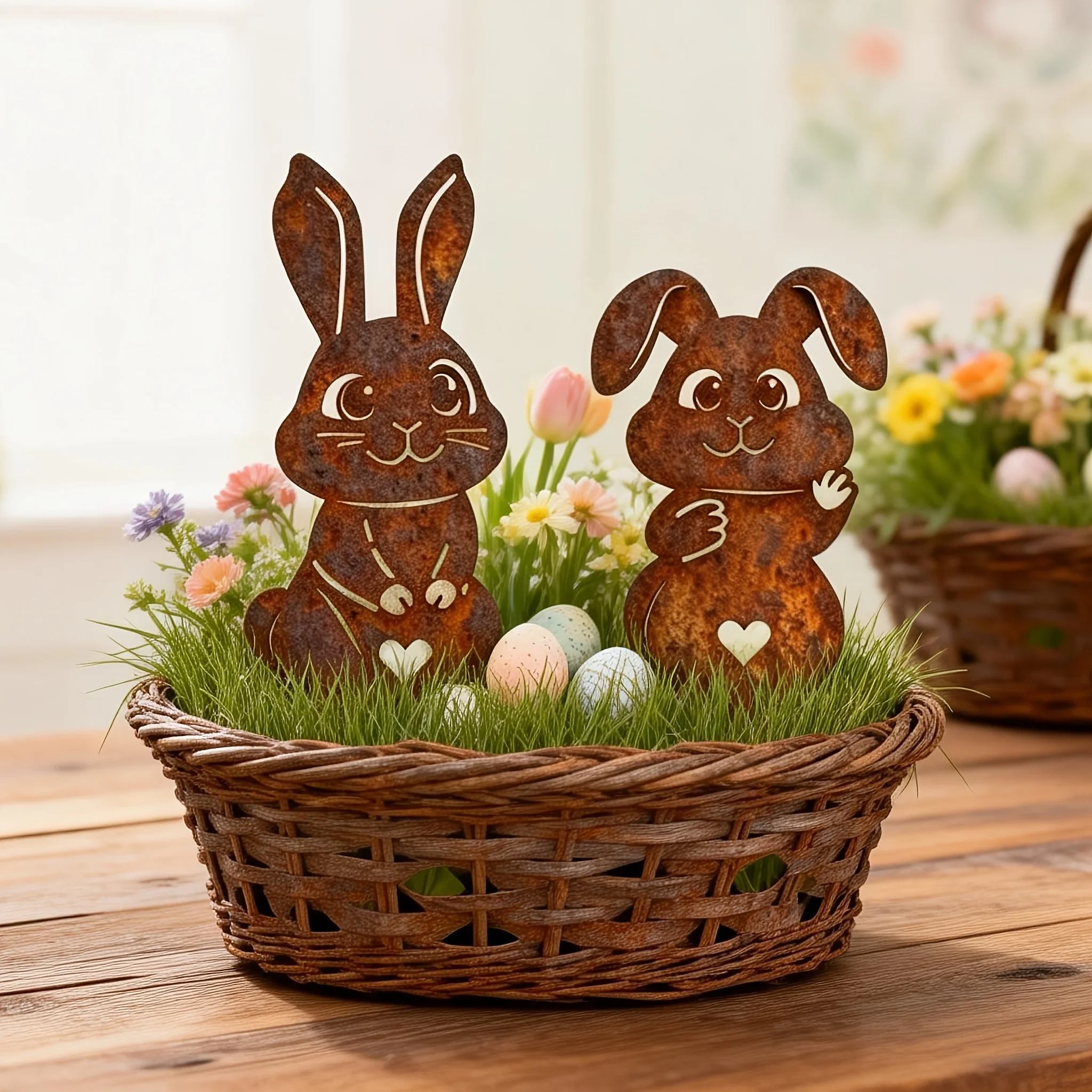 1pc/2pcs Set Rustic Metal Garden Stakes | Easter Cute Rabbit Garden Signs, Floor Mount Decor for Home Villas, Lawns, and Gardens
