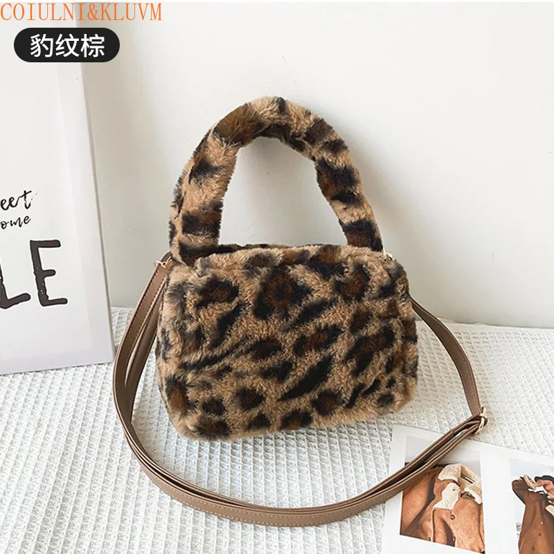 【COIULNI&KLUVM】new plush bag high-end pink leopard print fluffy handbag female cute fashion portable messenger bag