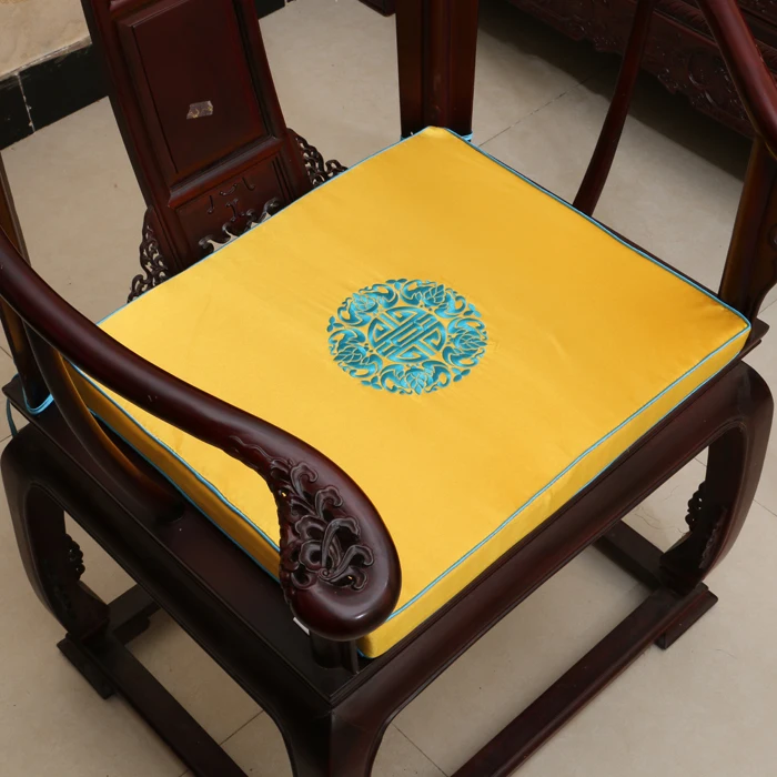 Custom Thick Non-slip Armchair Pads, Fine Embroidery Joyous Seat Cushions for Dining Chair, Chinese Style Satin, with Ties, Zip