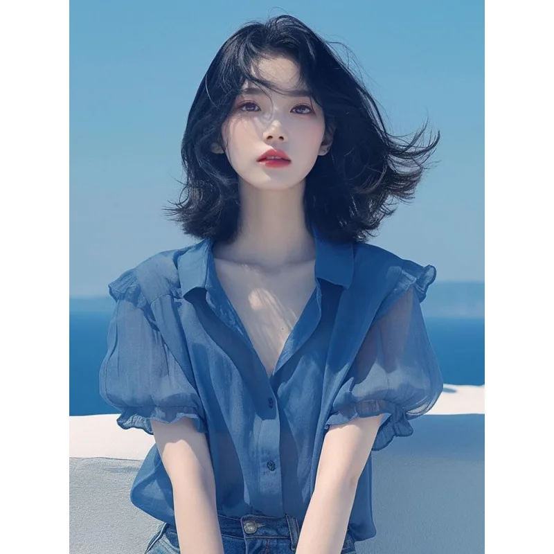 

French Temperament Blue Puff Sleeve Chiffon Shirt for Women in Summer New Style for Flesh Covering Thin Tops for Reducing Age
