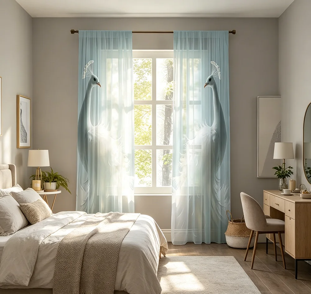 2PCS Digital Printing Sheer Curtain, Elegant White Peacock Feather Pattern, Luxury Noble Gorgeous Living Room Home Decor