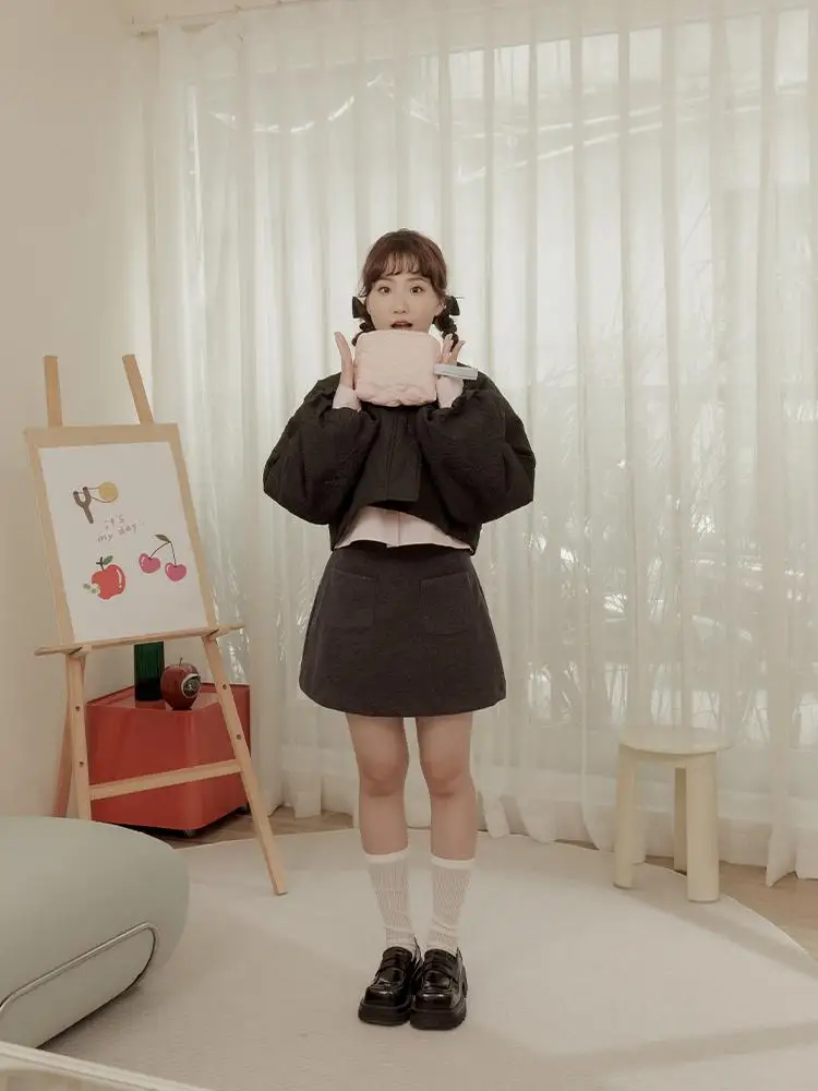 

Queenop Autumn Winter Simple Design ket Woolen Skirt Deep ey 030087 Commute Sle Polyester Fiber A-Line Skirt