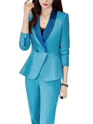 Office Ladies Pant Suit Black Khaki Blue Slim Women Business Work Wear Blazer And Trouser Female Long Sleeve Formal 2 Piece Set