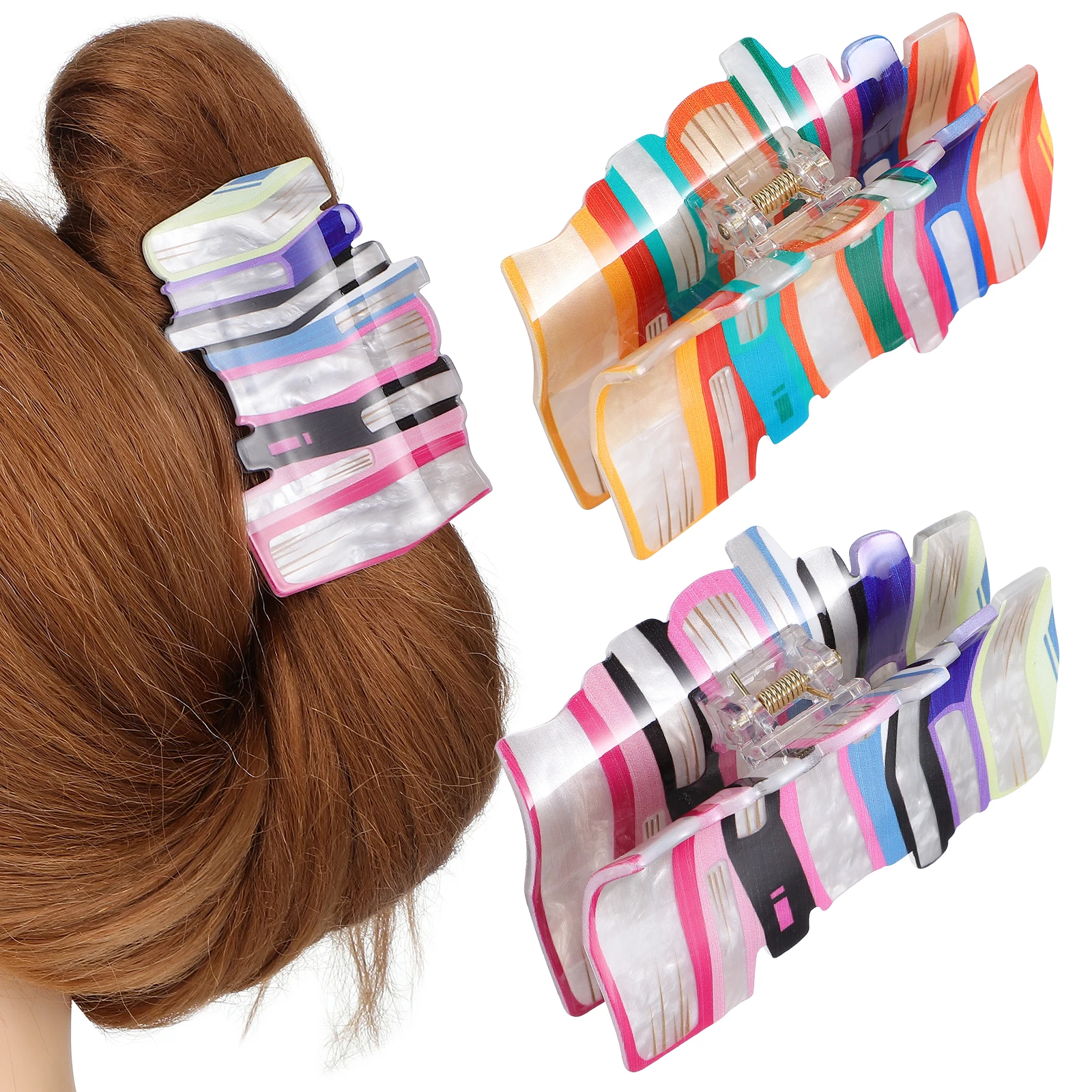 

2pcs Book Claw Clips Colorful Piled Pattern Acrylic Strong Grip Hair Clamps For Women Thick Thin Hair Styling Accessories