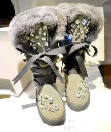 

Женские зимние сапоги из коровьей замши с круглым носком, на каблуке 3 см, с блестящими кристаллами и кроличьим мехом, высокие до колена, на шнуровке, теплые.