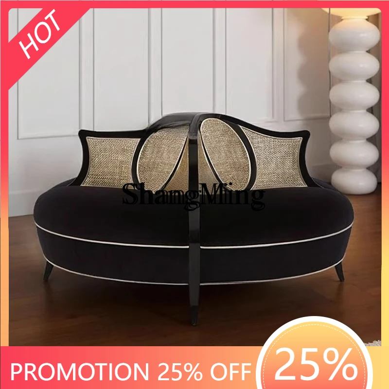 

CL solid wood braided rattan double-sided sofa retro studio reception lobby lounge area fabric round sofa