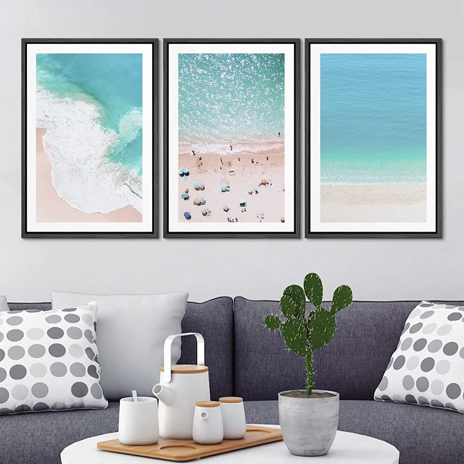 3PCS Frameless,Ocean Photography Set of 3-Nautical Canvas Print,Teal Beach Wave Art,summer coastal Decor,Modern Minimalist Art F