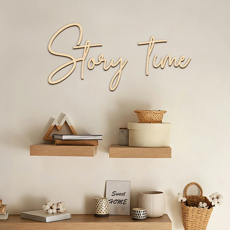 Story Time Sign Wooden Wall Stickers Self-Adhesive Elegant Font Wall Decor for Reading Room Bedroom Nursery Room Wall Decoration
