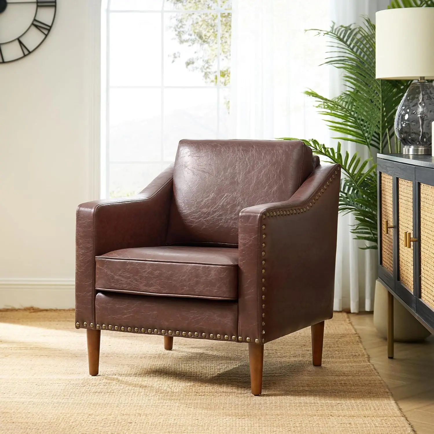 

Faux Leather Accent Armchair with Back & Seat Cushions, Traditional Club Chair with Nailhead Trim, Comfy, Customized