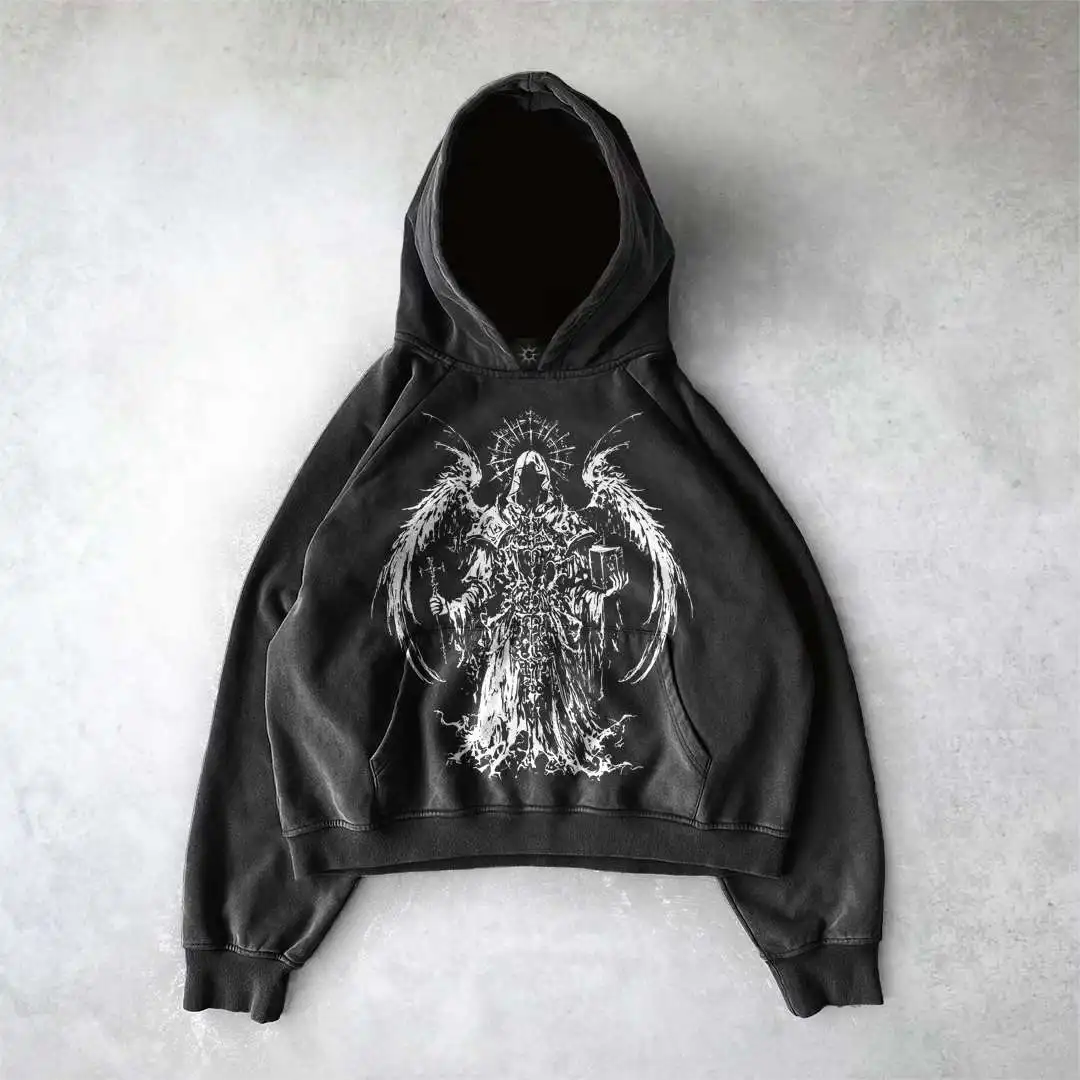 Hoodie gótico de grandes dimensões com padrão estampado preto e branco para homens e mulheres, tops de streetwear, moletom, roupas Harajuku, Y2K