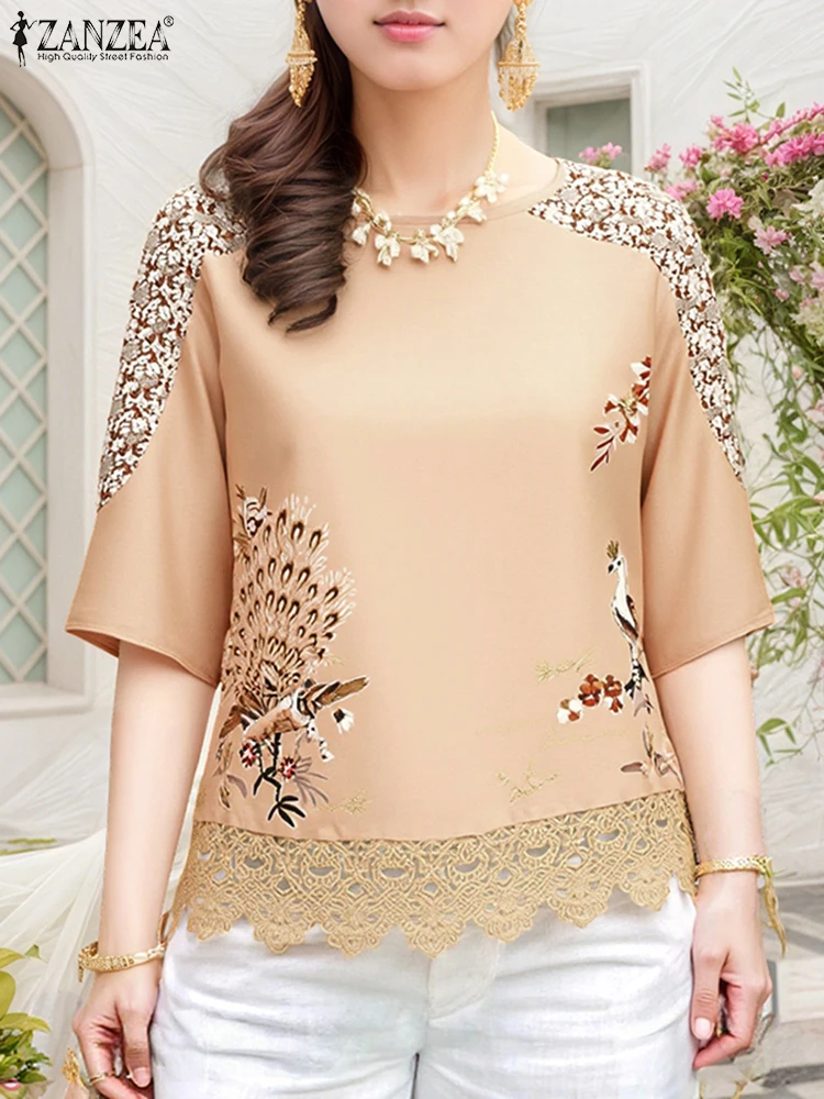 

Осенняя кружевная блузка, женские винтажные лоскутные топы с рукавами 3/4, элегантные блузки с принтом ZANZEA, 2025 г., повседневные свободные туники с круглым вырезом