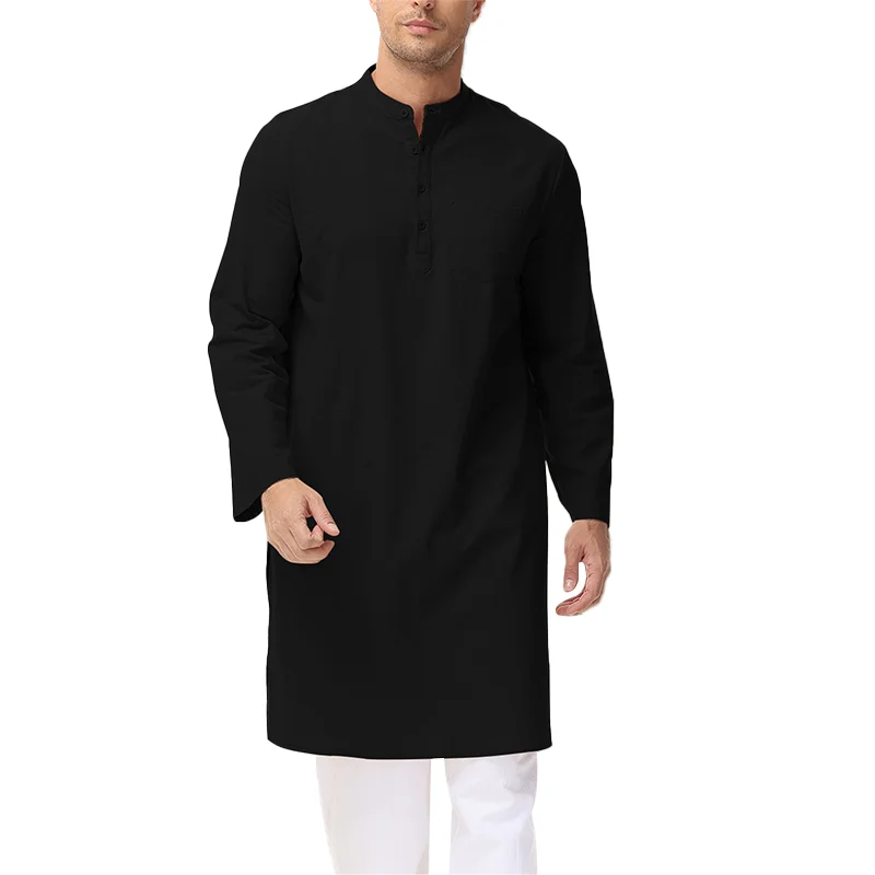 Cotton & Linen Indian Kurta robe men\'s robe long sleeved medium length shirt Arabic robe Middle East Saudi Muslim Robe