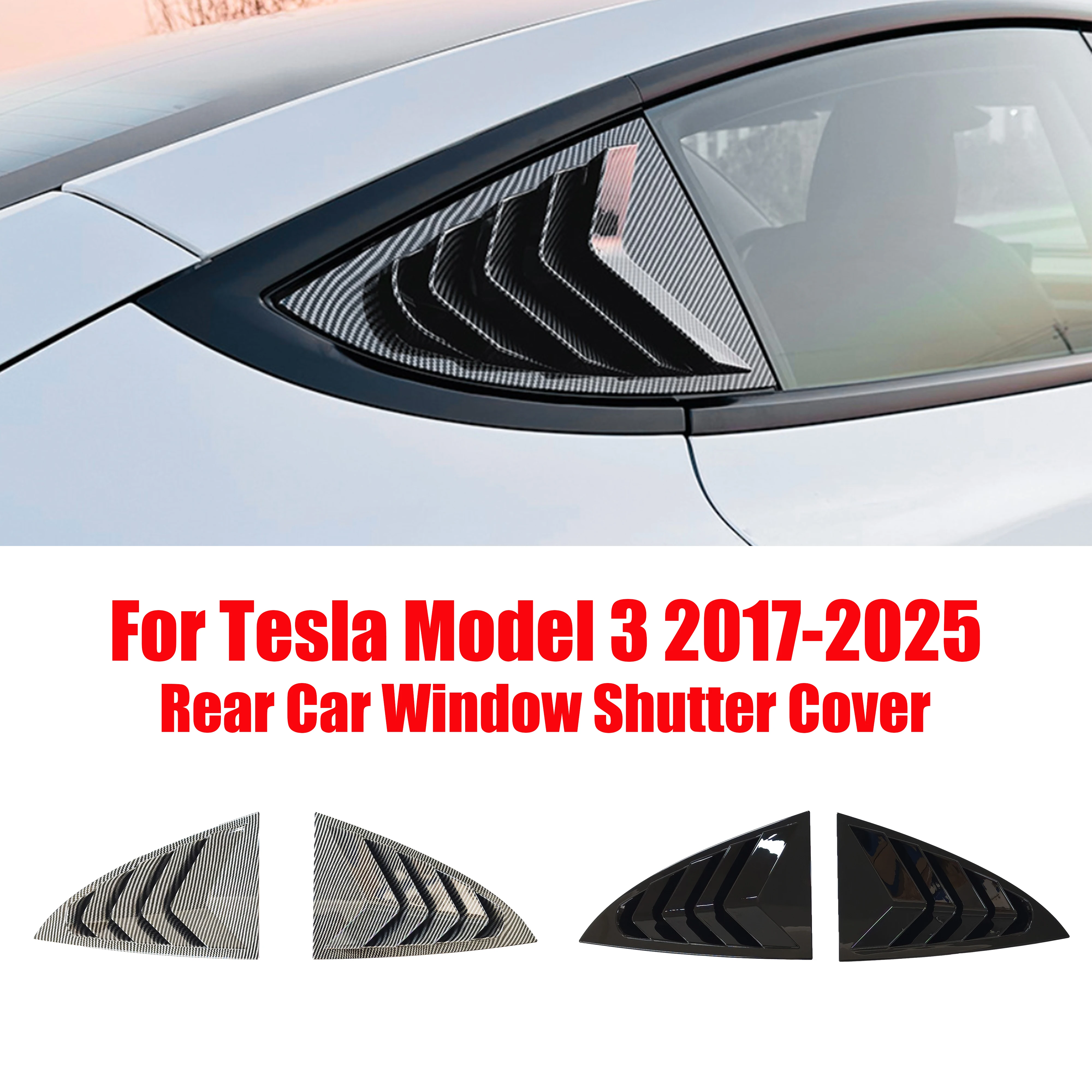 Rear Side Window Louvers Triangle Shutter Cover For Tesla Model 3 2017‑2025 Pre‑Highland & Highland ABS Gloss Black Carbon Look