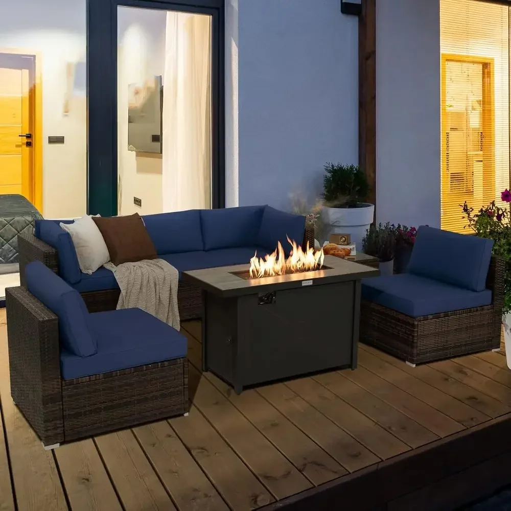 7-Piece Patio Furniture Set with Fire Pit Table, 42 60,000 BTU Propane Fire Pit, Navy Cushioned Sectional Sofa for 5