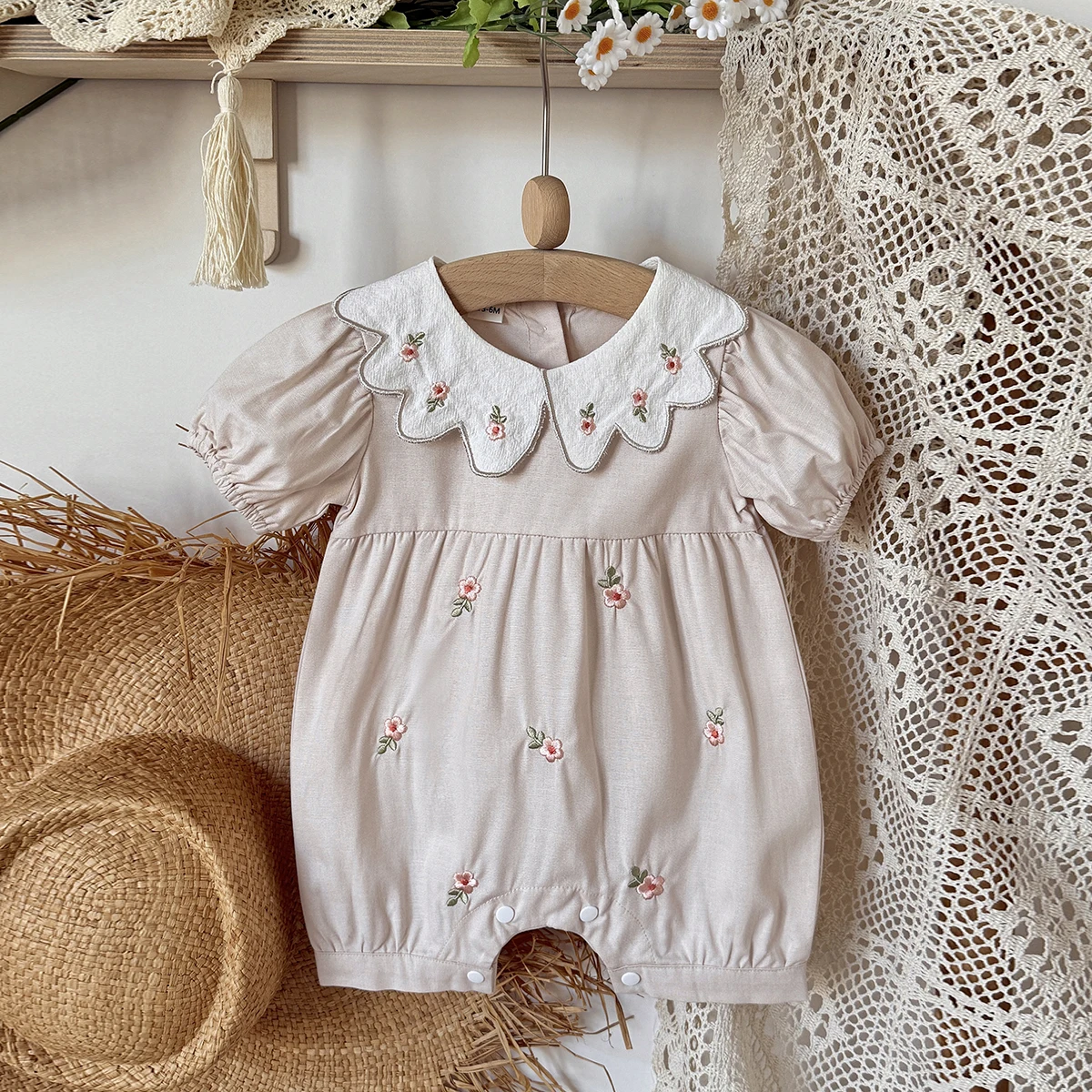 Summer Girls' Baby Cotton Flower Embroidery Lapel Short Sleeved Shirt  Baby Kids Onepiece Fashion Baby Rompers